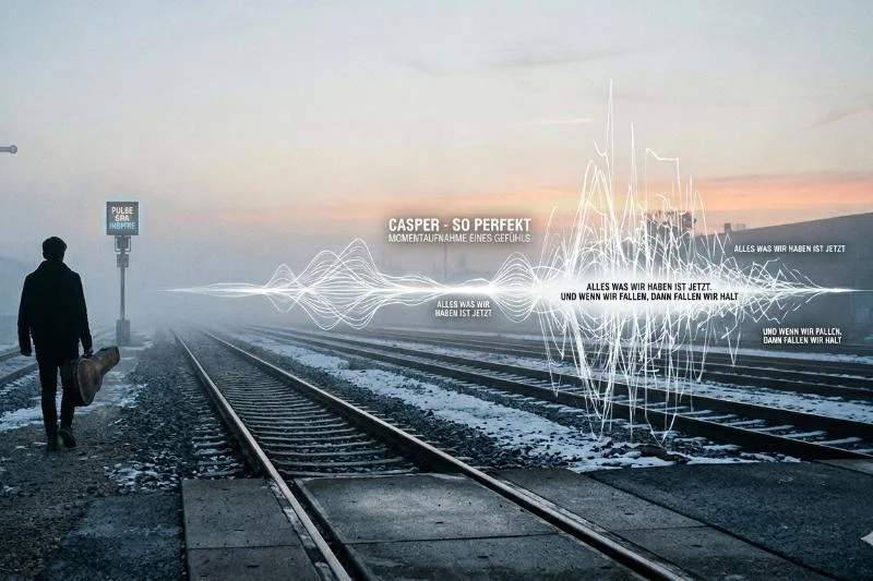 Melancholische Bildkompression: Eine einsame Person mit Gitarrenkoffer geht bei Dämmerung auf verschneiten Bahngleisen entlang, überlagert von einer weißen digitalen Audio-Waveform und Songzitaten aus Caspers So perfekt.