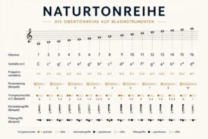 Infografik zur Naturtonreihe mit Obertonreihe, Frequenzverhältnissen und Griffsystemen für verschiedene Blasinstrumente auf hellem Hintergrund