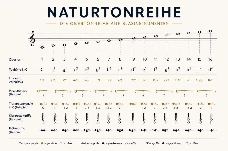 Infografik zur Naturtonreihe mit Obertonreihe, Frequenzverhältnissen und Griffsystemen für verschiedene Blasinstrumente auf hellem Hintergrund
